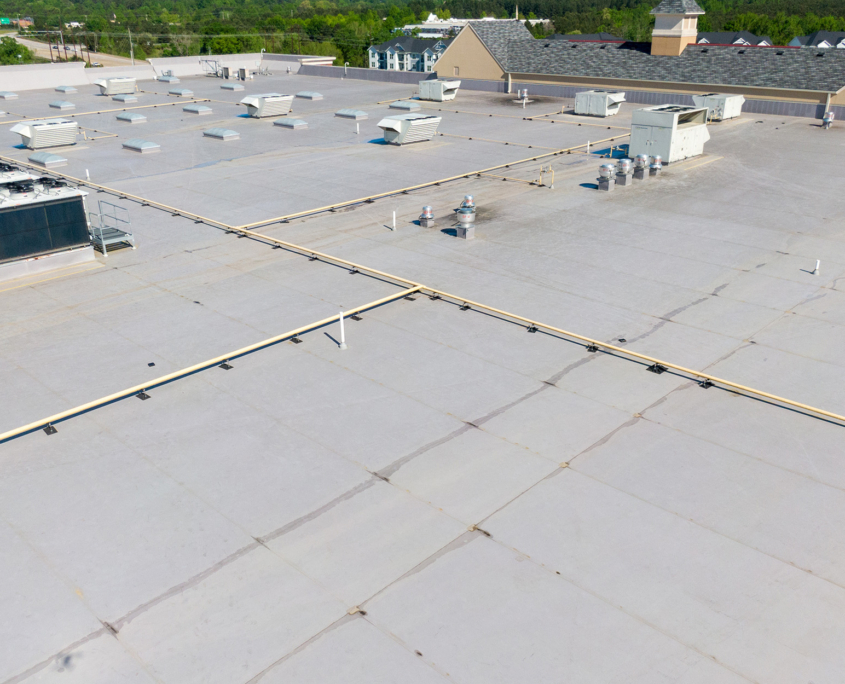 Drone Images Of Tpo Flat Commercial Roof With Metal Panels New & Existing Construction 1